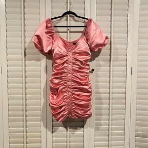 Pink Satin Ruched Mini Dress